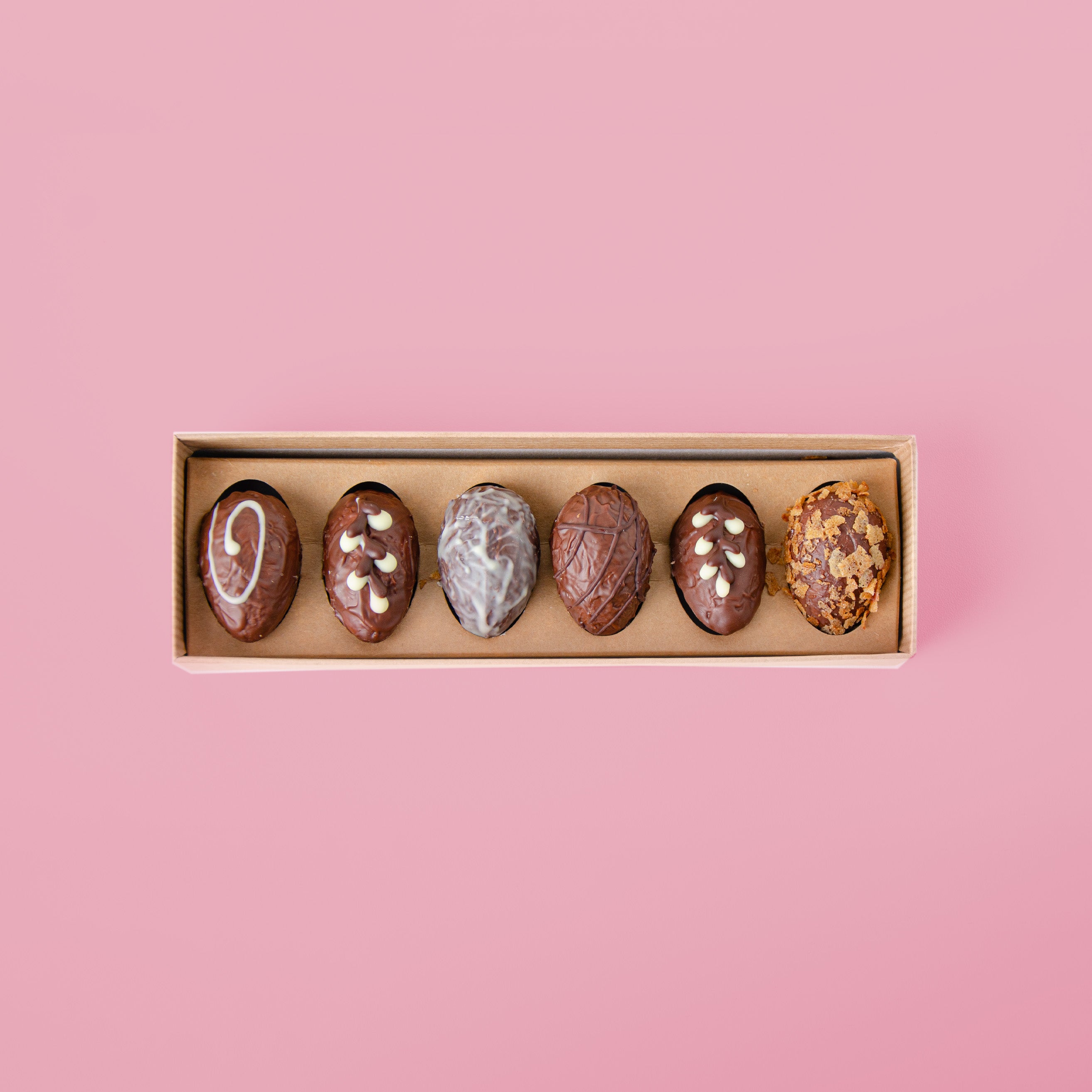 6er Nougat-Krokant-Caramel Pralinen-Ei-Mischung