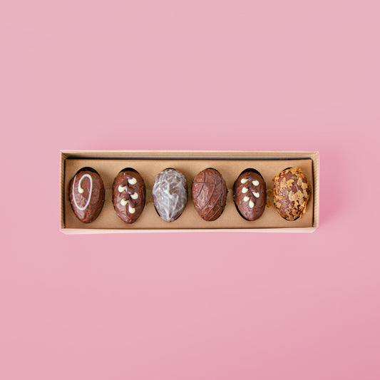 6er Nougat-Krokant-Caramel Pralinen-Ei-Mischung